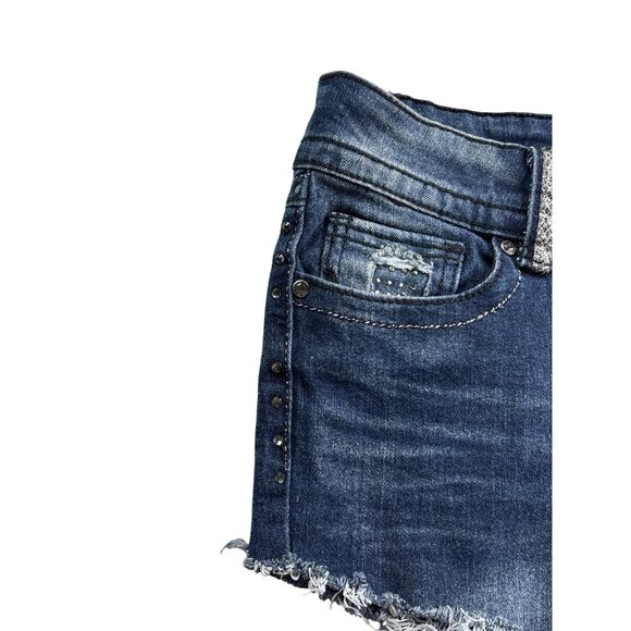 Body Central Distressed Denim Shorts Rhinestone Studs Cutout Raw Hem Size 3/4 - Picture 2 of 6